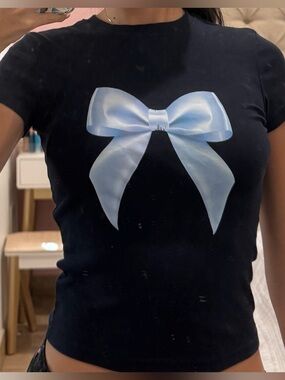 Edikted Navy Blue Crop Top with Light Blue Bow